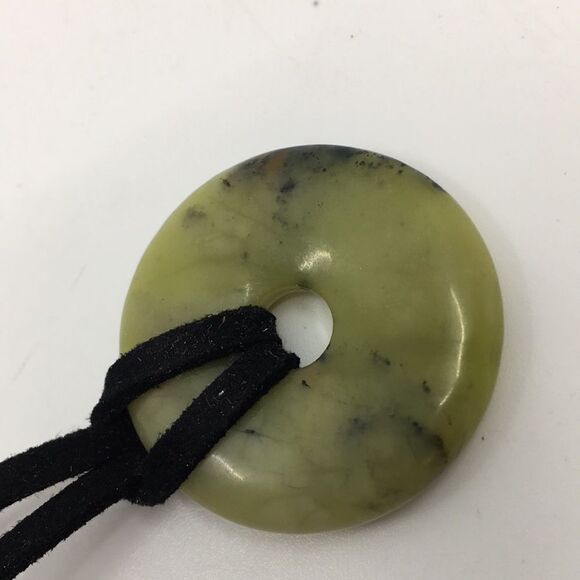 Olive Jade Disc Necklace on Black Suede Cord with silver tone hardware - Picture 15 of 16